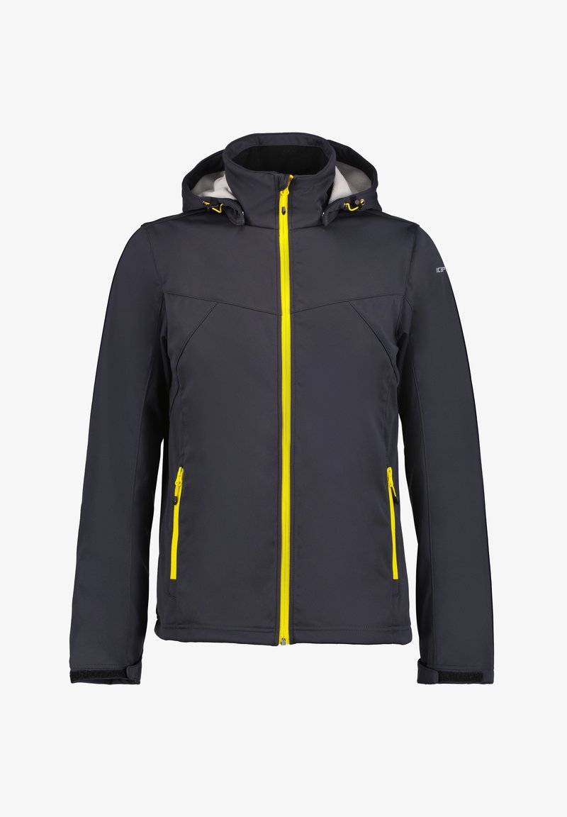 Veste à capuche gris foncé avec fermeture éclair jaune vif et fermetures éclair aux poches, manches longues et sangles réglables aux poignets.