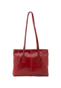 Rode leren tote bag met een gladde textuur, twee lange handvaten en een minimalistisch ontwerp. Beschikt over een centrale naad en geen extra versieringen.
