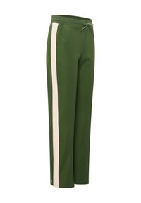 Green athletic pants with a wide cream side stripe, elastic waistband, drawstring detail, and two side pockets. Soft textured fabric.