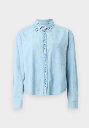 Light blue, long-sleeve denim shirt with embroidered floral details along the collar and button placket; features a single chest pocket.