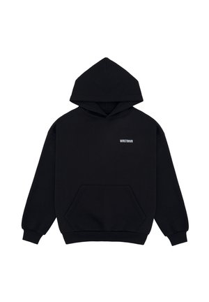 Sweat à capuche noir avec poche kangourou frontale et petit texte blanc WRSTBHVR sur le haut de la poitrine.