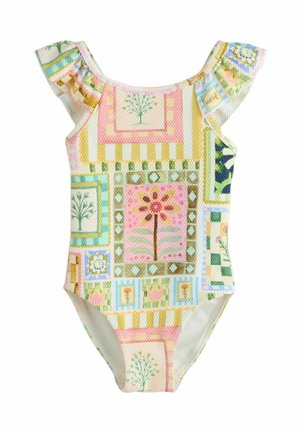 Einteiliger Badeanzug mit Rüschenträgern, ausgestattet mit einem bunten Patchwork-Muster in Pastellfarben, das Blumen und geometrische Formen zeigt.