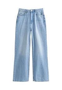 Vaqueros de pierna ancha de color azul claro, confeccionados en denim. Presentan una cintura alta, dos bolsillos frontales y un ligero desvanecimiento. Tiro limpio y diseño estructurado.