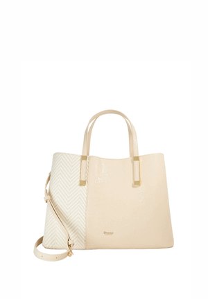 Bolso tote beige con dos asas, correa de hombro desmontable y panel de textura tejida en el lado izquierdo, con la marca "Dune London" en el centro del frente.