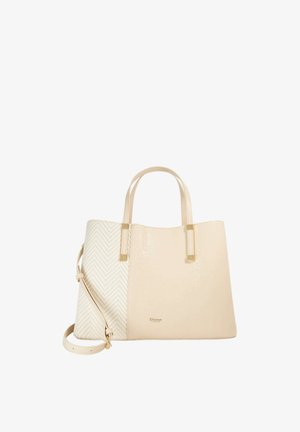 Bolso tote beige con dos asas, correa de hombro desmontable y panel de textura tejida en el lado izquierdo, con la marca "Dune London" en el centro del frente.