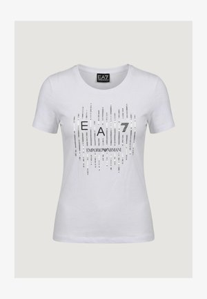 White short-sleeve t-shirt with "EA7 Emporio Armani" logo in black and silver vertical sequin stripes on the front.