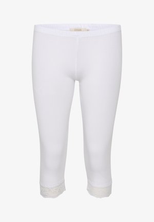 Weiße Leggings aus weichem Material, mit einem figurschmeichelnden Design und einer Spitzenborte am Saum, die einen zarten Akzent setzt.