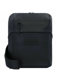 Borsa a tracolla sintetica nera con finitura testurizzata, tasca frontale con zip e tracolla regolabile; presenta una placca con logo discreto.
