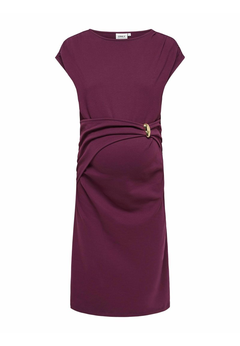 Robe de maternité violette avec manches courtes et détail de boucle dorée soulignant la taille, conçue pour une coupe ajustée et un confort optimal.