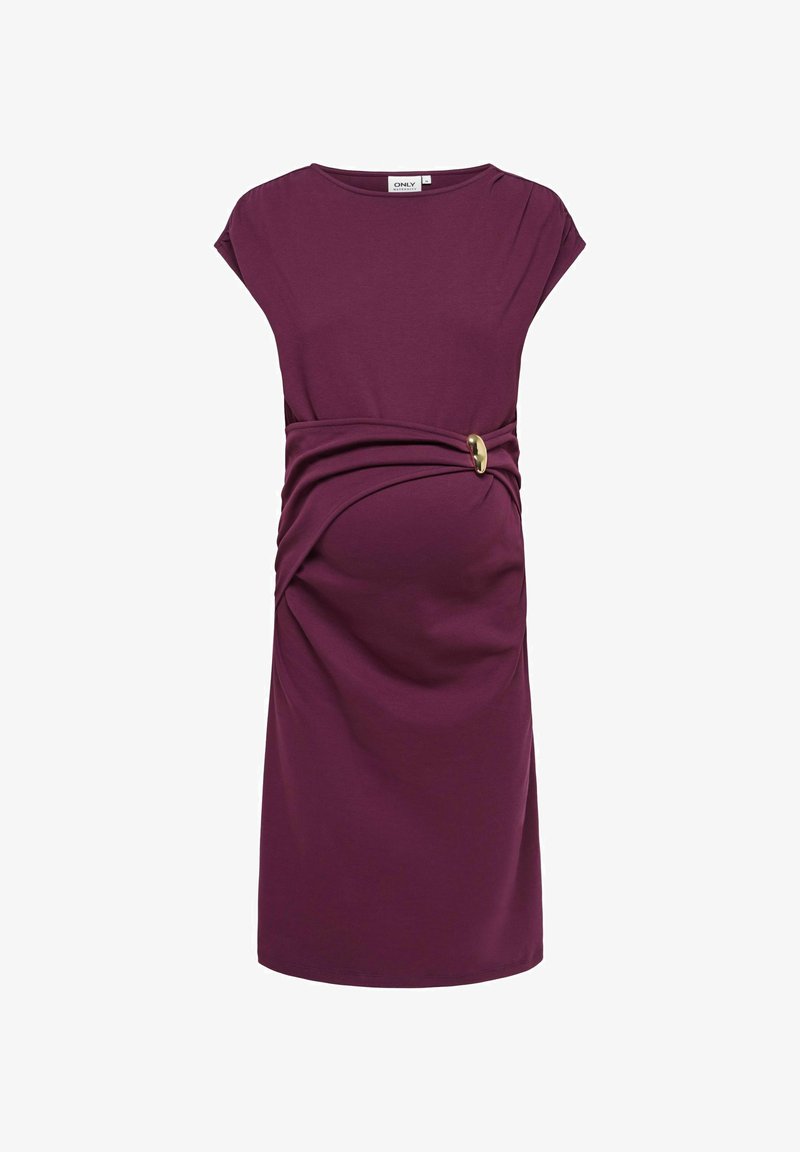 Robe de maternité violette avec manches courtes et détail de boucle dorée soulignant la taille, conçue pour une coupe ajustée et un confort optimal.