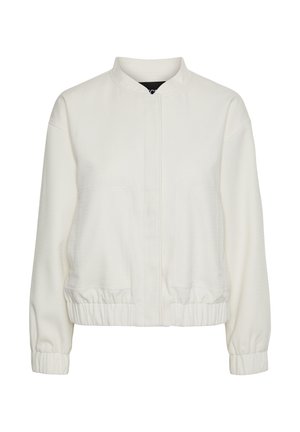 Hvit bomberjakke med lange ermer, elastiske mansjetter og kant, skjult frontlukking, påsydde lommer og liten oppreist krage.