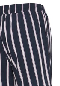 Pantalons rayés marine avec des rayures verticales en rose pâle et blanc. Dotés d'une taille élastique et de poches latérales. Tissu doux et léger.