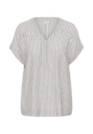 Ženska bluza kratkih rukava s crno-bijelim vertikalnim prugama, izrezom u obliku slova V i širokim krojem.