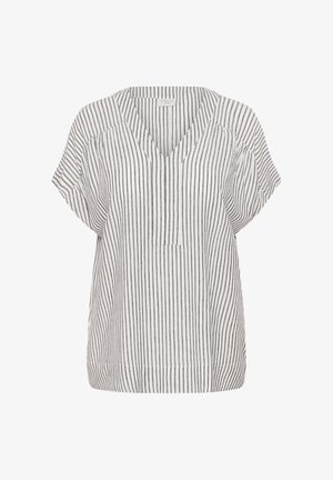 Naiste lühikeste varrukatega pluus must-valgete vertikaalsete triipudega, V-kaelusega ja lahtise istuvusega.