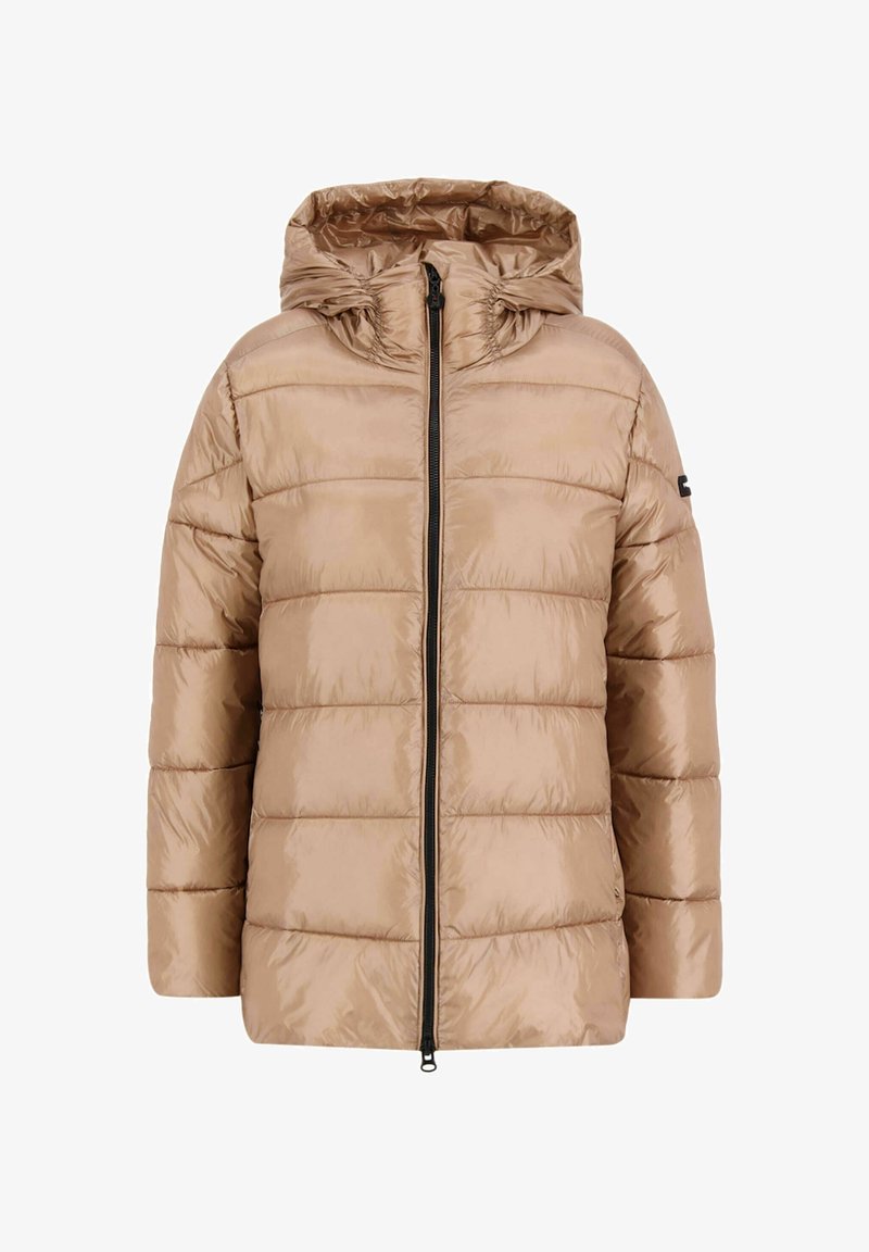 Veste matelassée marron clair avec matelassage horizontal, fermeture éclair à l'avant et capuche attachée, présentée sur un fond blanc.