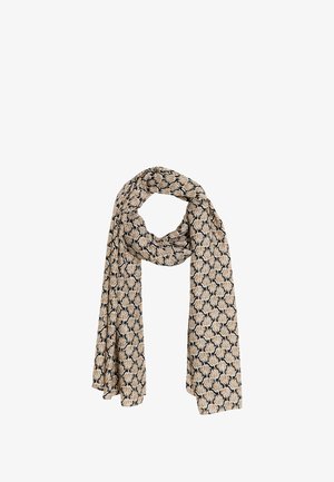 Écharpe beige avec un motif de feuilles répétées en bleu foncé. Tissu léger avec une texture douce, drapant élégamment.