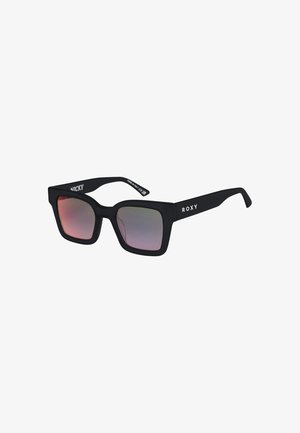 Black rectangular sunglasses with gradient pink lenses. Matte finish frames featuring "NICKY" and "ROXY" logos on the temples.