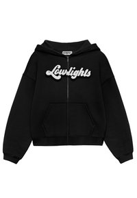 Sweat à capuche noir zippé avec un logo "Lowlights" blanc texturé. Comprend une poche kangourou, une capuche avec cordon de serrage, ainsi que des poignets et un ourlet côtelés.