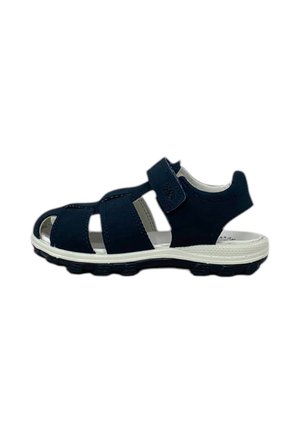 Sandal blu navy con design a tre cinturini, chiusura in velcro e suola bianca con motivo testurizzato per una buona aderenza. Materiale leggero e traspirante.