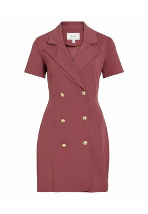 Kurzärmliges, roséfarbenes zweireihiges Blazerkleid mit goldenen Knöpfen und Reverskragen mit Kerbspitze.