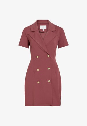 Kurzärmliges, roséfarbenes zweireihiges Blazerkleid mit goldenen Knöpfen und Reverskragen mit Kerbspitze.