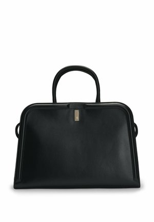 Sac à main en cuir noir avec une forme structurée, deux poignées et un détail de fermoir en ton doré. Texture lisse et design minimaliste.