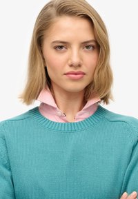 Ung person med blondt hår iført teal striktrøje over pink skjorte med krave, kigger fremad med neutralt udtryk på hvid baggrund.