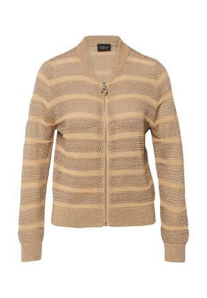 Beżowy i jasnobrązowy prążkowany sweter kardigan z długimi rękawami, ściągaczami i przednim zamkiem błyskawicznym z okrągłym metalowym suwakiem.