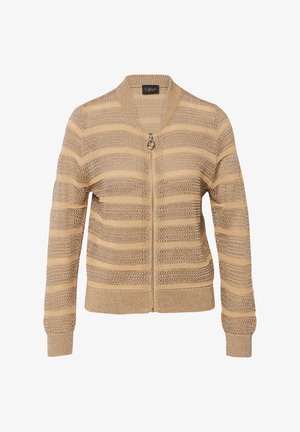Beige en lichtbruine gestreepte gebreide cardigan met lange mouwen, geribbelde manchetten en een voorrits met een ronde metalen trekker.