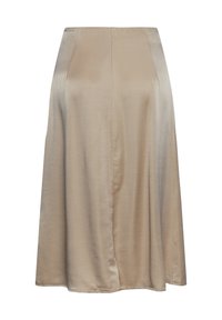 Gonna beige al ginocchio realizzata in tessuto liscio e lucido con una leggera lucentezza. Presenta un taglio semplice e dettagli con cuciture verticali.