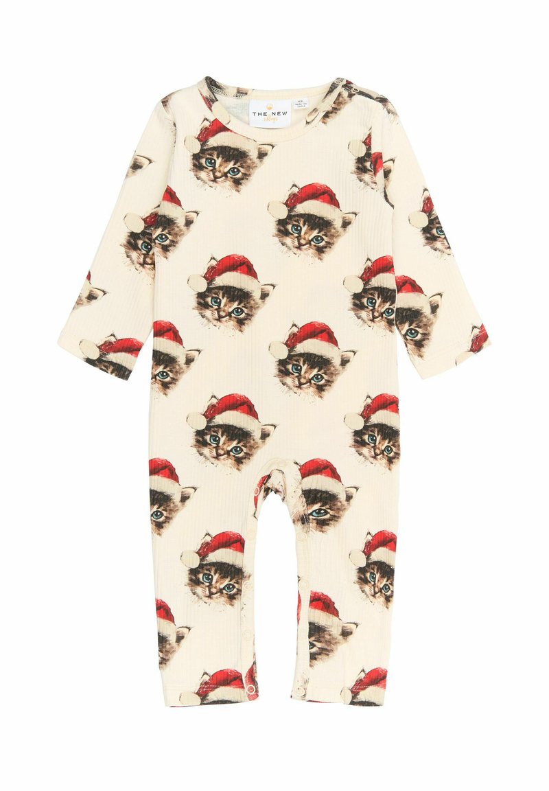 Bodi de manga larga con un fondo crema y un patrón repetido de caras de gatos con gorros de Santa rojos. Textura suave y acanalada, cierre a presión.