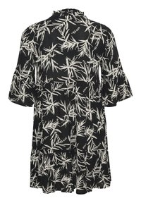 Schwarzes Kleid mit einem weißen Blattmuster, kurzen Ärmeln mit Rüschendetails und einem gestuften Saum. Hergestellt aus leichtem Stoff.