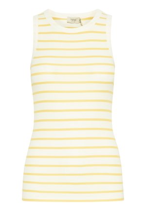 Top senza maniche realizzato in tessuto a coste, con righe verticali gialle su sfondo bianco. Design semplice e aderente con scollatura rotonda.