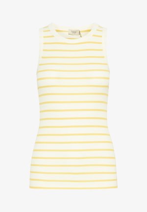 Top bez rukávů vyrobený z žebrového materiálu, s vertikálními žlutými pruhy na bílém pozadí. Jednoduchý, přiléhavý design s kulatým výstřihem.