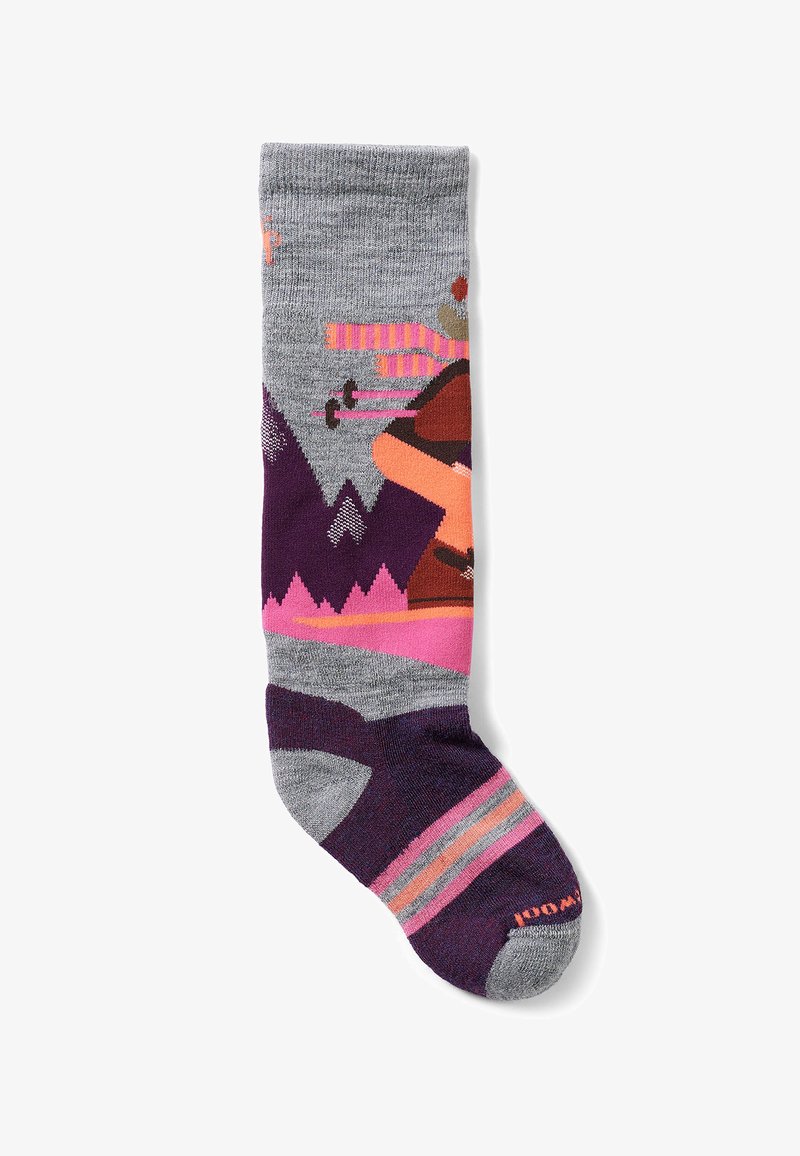 Gray knee-high sock featuring colorful mountain and skier patterns. Highlights include pink and purple accents, with striped colors at the foot.