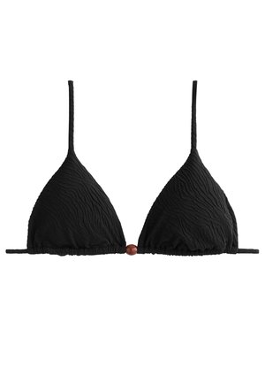 Černý bikiny top s texturovanou tkaninou, trojúhelníkovými košíčky a tenkými nastavovacími ramínky. Obsahuje dekorativní hnědou korálku uprostřed.