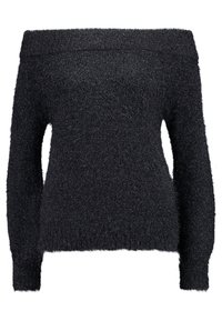 Czarny sweter odkrywający ramiona, wykonany z miękkiego, puszystego materiału, z długimi rękawami i dopasowanym krojem, o delikatnej fakturze i minimalistycznym wykończeniu.