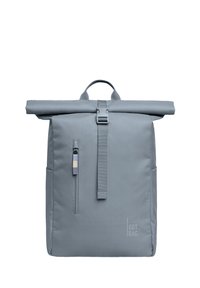 Gray roll-top backpack with a main compartment, adjustable strap, front pocket with zipper, and a top handle for easy carrying.