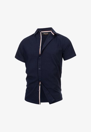 Kurzärmliges navyhemd aus strukturiertem Stoff, mit Knopfverschluss und kontrastierenden orange- und weißen Streifen entlang des inneren Kragens.