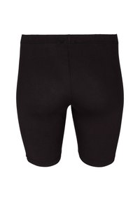 Black shorts made of stretchy fabric, featuring a mid-thigh length, elastic waistband, and smooth texture without visible seams or patterns.