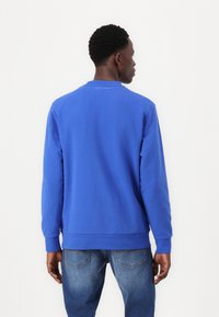 Modrá mikina ze směsi bavlny, kulatý výstřih, žebrované manžety a lem. Logo potištěné na zadní straně krku. V kombinaci s modrými džíny.