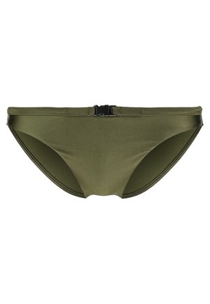 Olive green bikini bottom with a smooth texture, mid-rise fit, and a front closure with a black clasp. Simple design, no patterns.