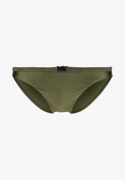 Λαχανί μπικίνι κάτω μέρος με λεία υφή, μέτρια ψηλή εφαρμογή και μπροστινό κλείσιμο με μαύρο κούμπωμα. Απλός σχεδιασμός, χωρίς σχέδια.