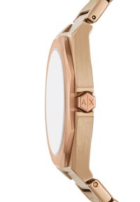 Roze gouden horloge met een octagonale metalen kast, een gladde afwerking en een hexagonale kroon met het 'AX' logo. Geen zichtbare cijfers of markeringen op de wijzerplaat.