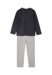 Dark gray long-sleeve top with a round neckline paired with light gray fitted pants, made from soft cotton fabric.