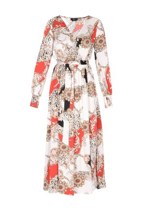 Langærmet, gulvlængde kjole i hvid med rød og guld blomstermønster. Inkluderer en taljebælte og har en V-hals design.
