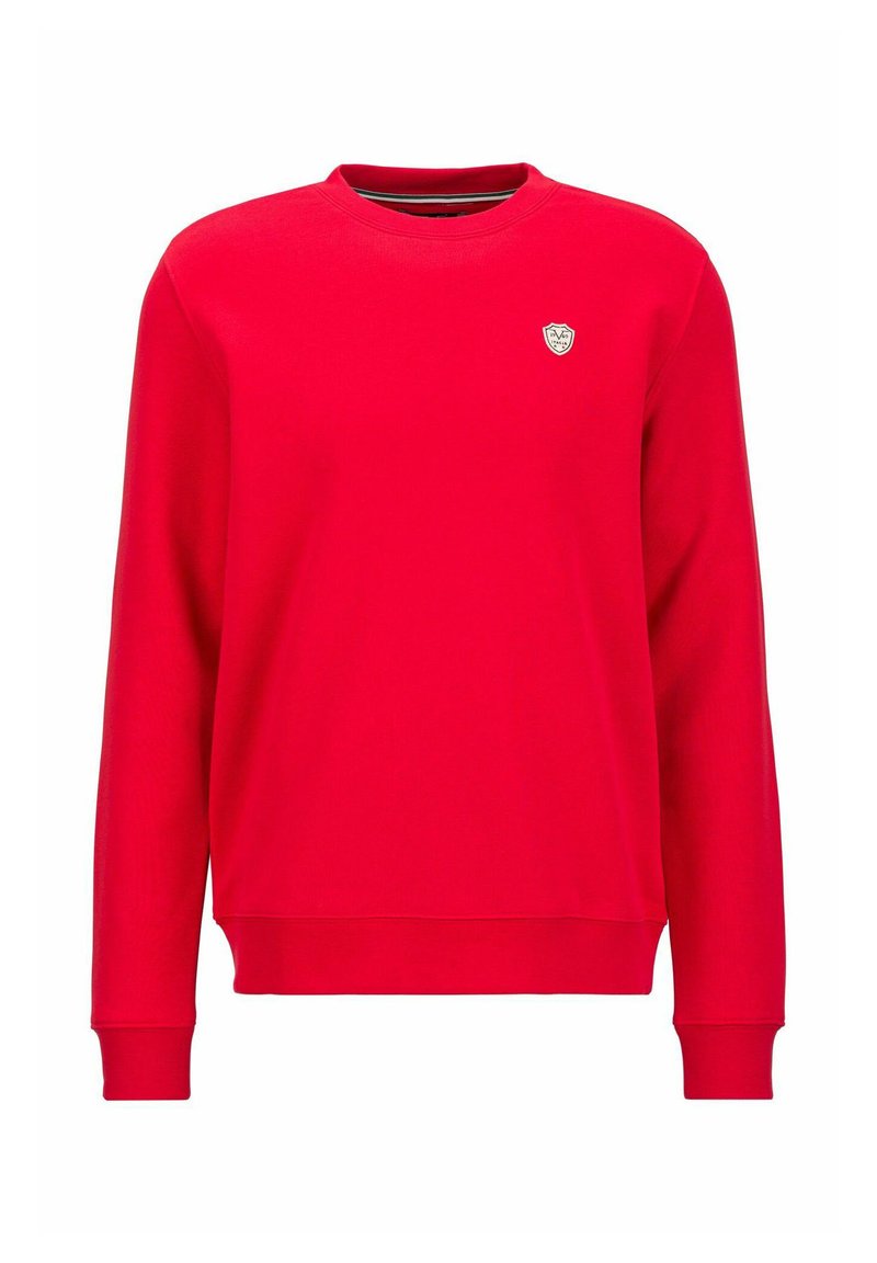 Rode crewneck sweatshirt van zachte stof. Heeft lange mouwen en een klein embleem op de borst. Geribbelde manchetten en zoom voegen textuur toe.