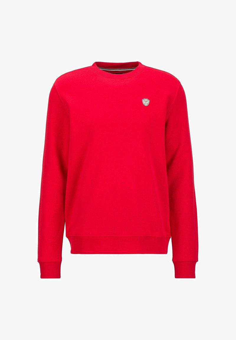 Rode crewneck sweatshirt van zachte stof. Heeft lange mouwen en een klein embleem op de borst. Geribbelde manchetten en zoom voegen textuur toe.