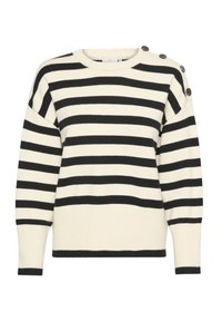 Pull rayé en crème et noir. Comprend un ourlet et des poignets côtelés, un col rond et des boutons décoratifs à l'épaule pour le détail.