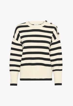 Triibuline sviiter kreemjas ja mustas värvitoonis. Omab soonikutega allserva ja mansette, ümarat kaelust ning dekoratiivseid nuppe õlal detailideks.